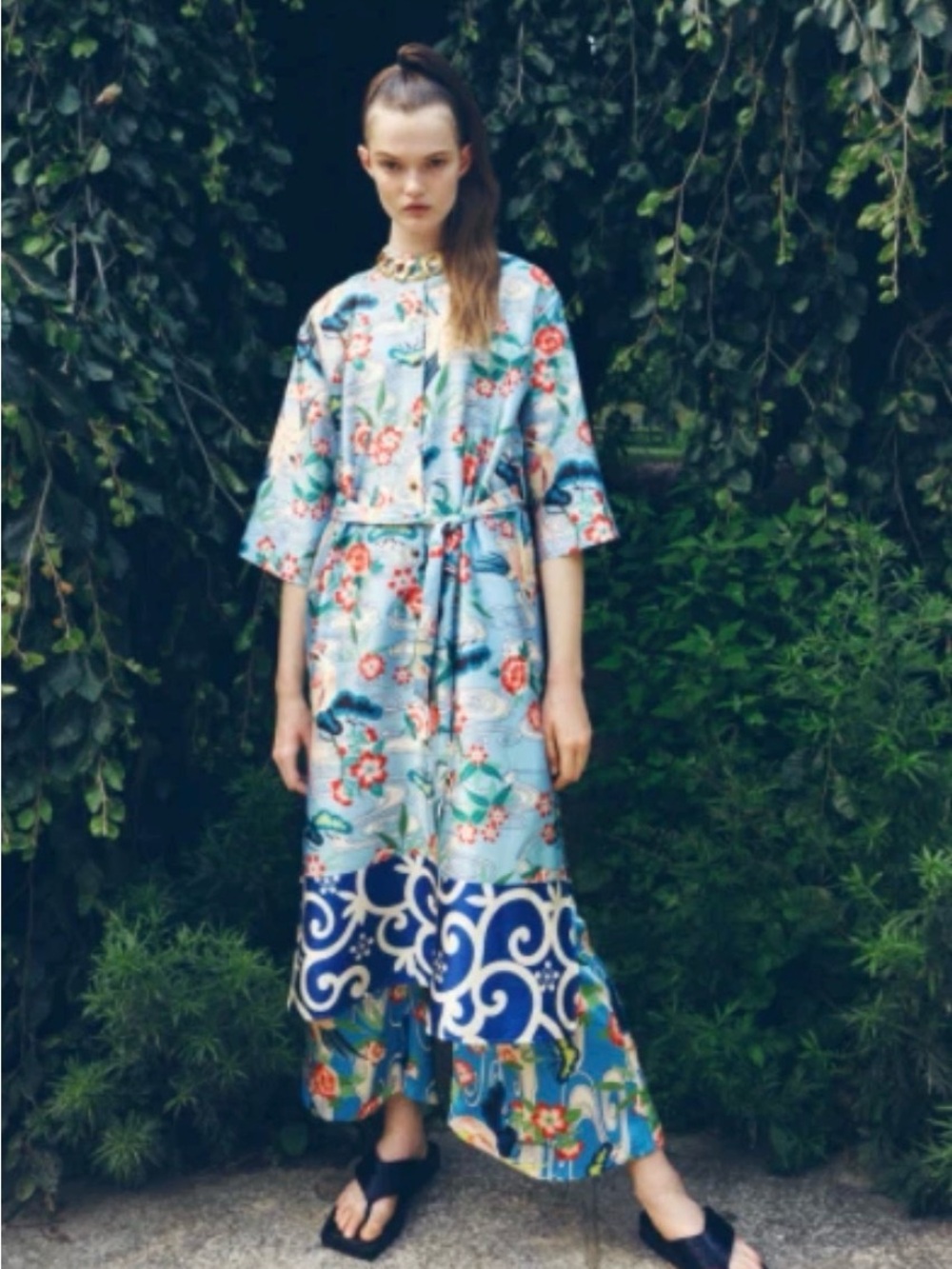 ZARA Floral Bird Tropical Belted Silky Kimono Shirt Dress/Kaftan Size XS NWOT